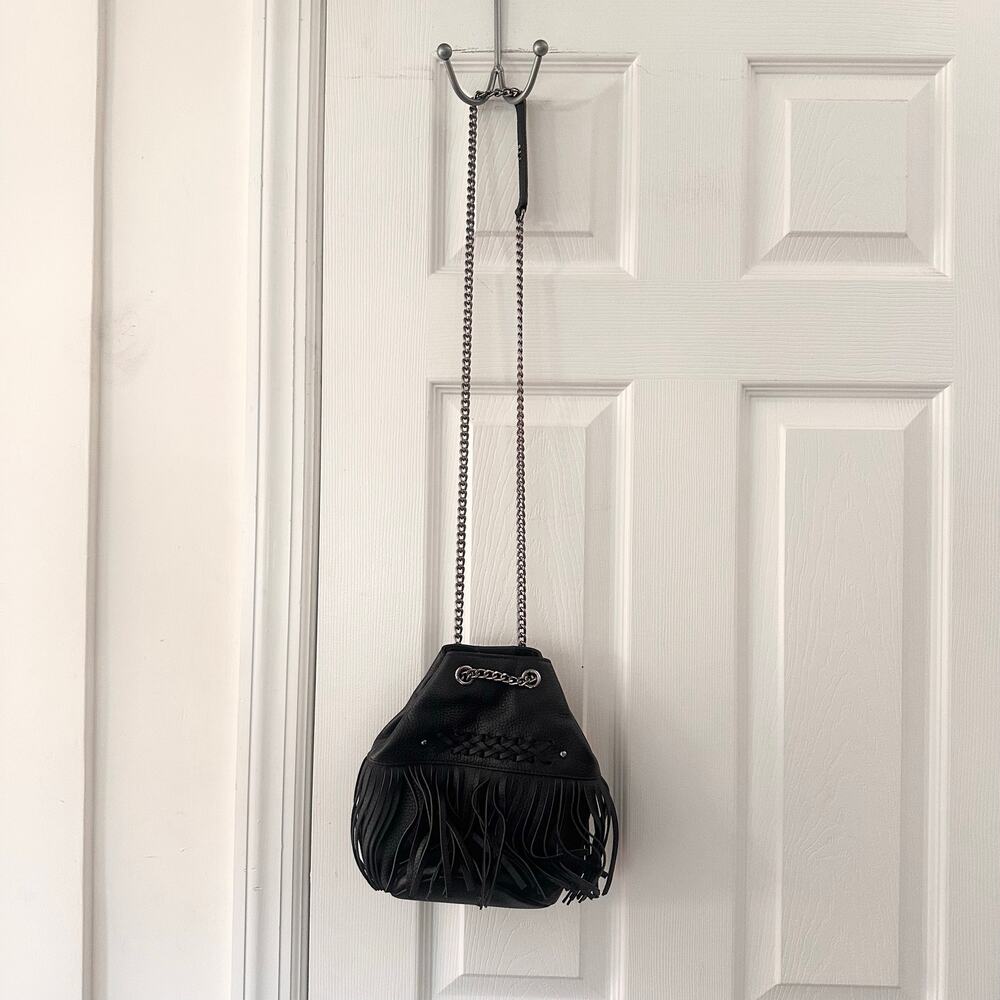 Lauren Ralph Lauren RLL Black Leather Fringe Barton Eloise Drawstring Mini Bag - Picture 2 of 6